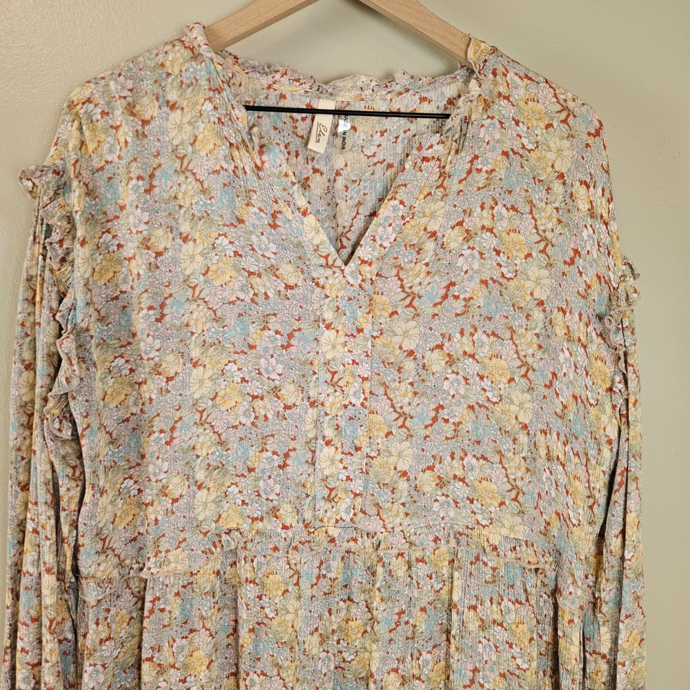 Elan Babydoll Floral Dress Tunic Top Sz M Beige Pastel Long Sleeve